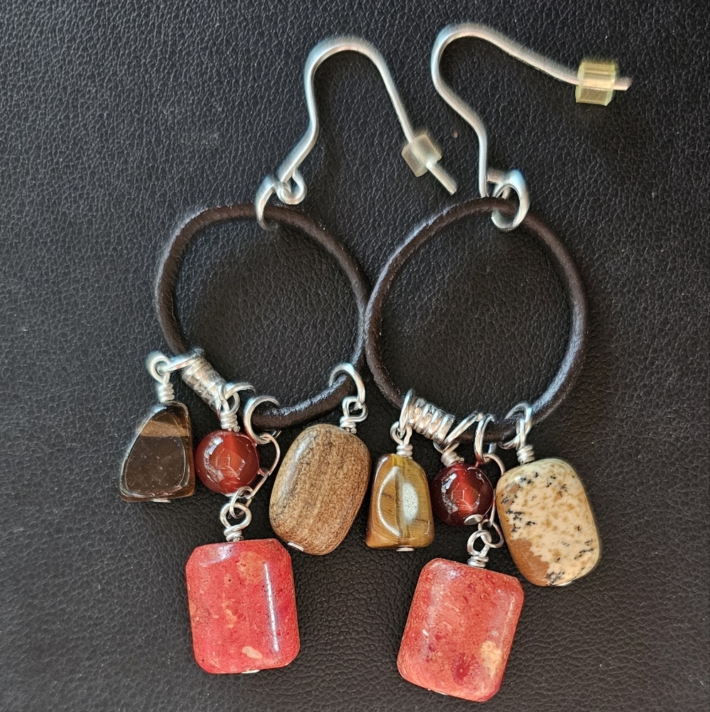 Sterling Gemstone Leather Earrings